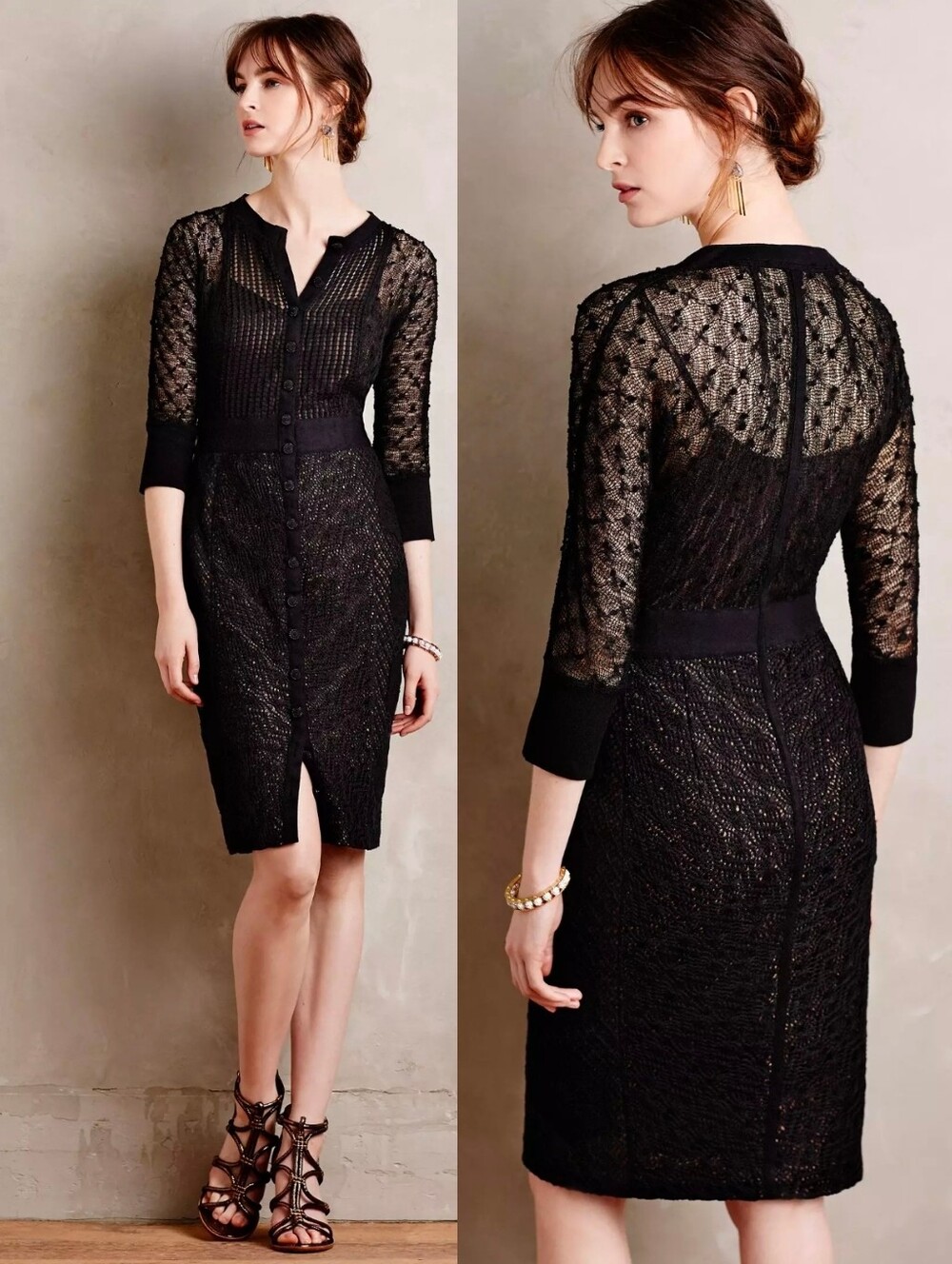ANTHROPOLOGIE × BYRON LARS Black Mona Lace Button Front Bodycon Dress